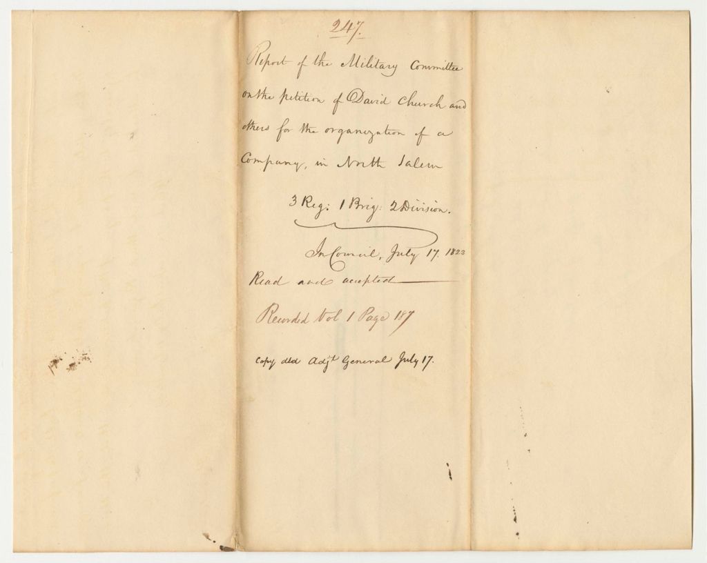 Miniature of Report 247: Report of the Military Committee on the Petition of David Church and Others for the Organization of a Company in North Salem