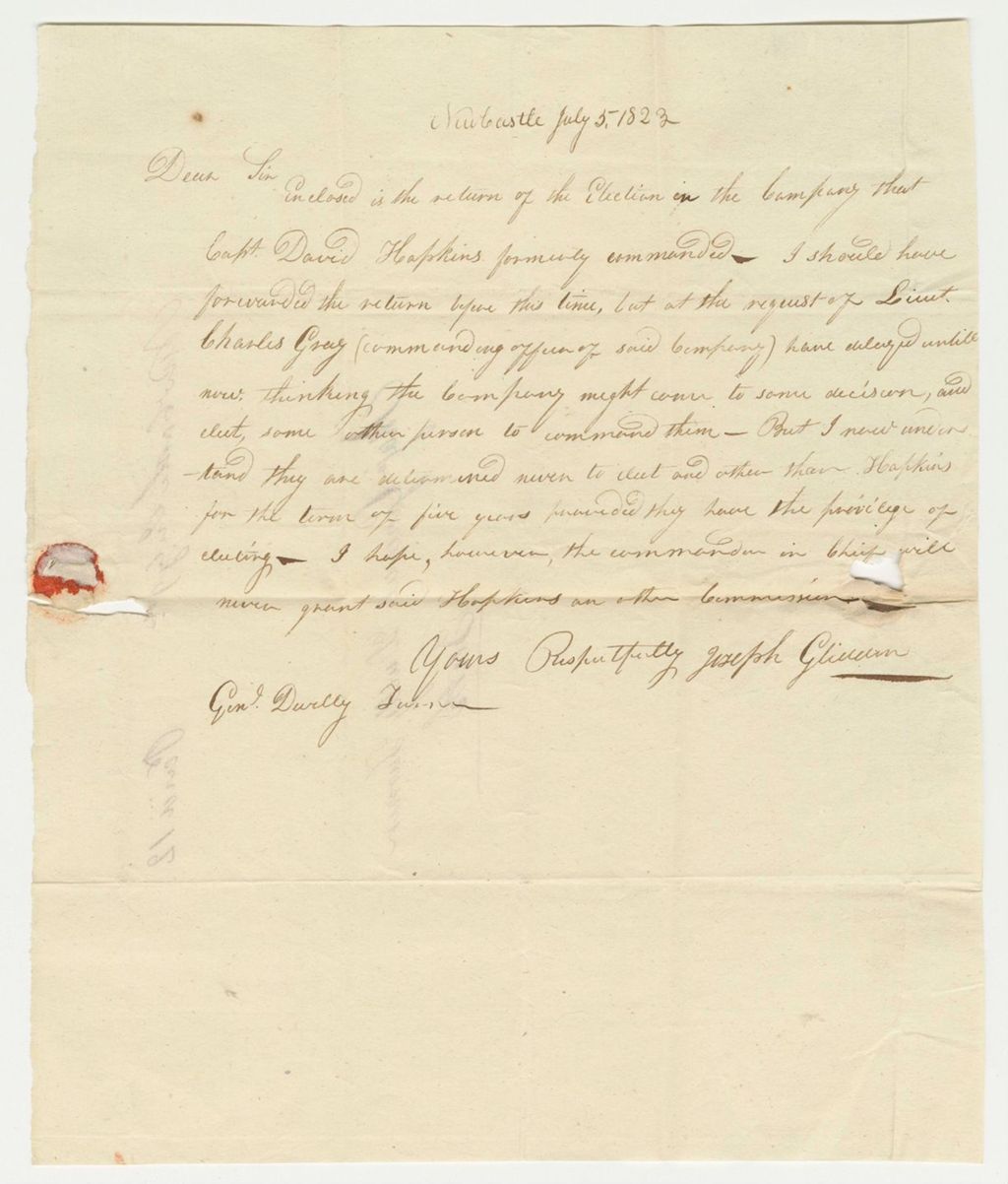 Miniature of Letter from Joseph Glidden Regarding the Return of the Election in the Company that Capt. David Hapkins Formerly Commanded
