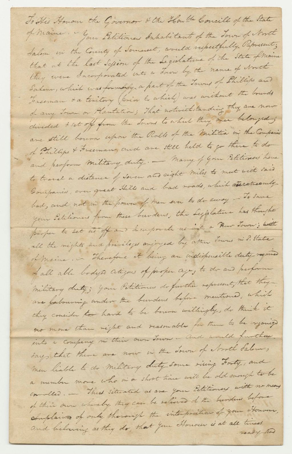 Miniature of Petition of David Church and Others for the Organization of a Company in North Salem