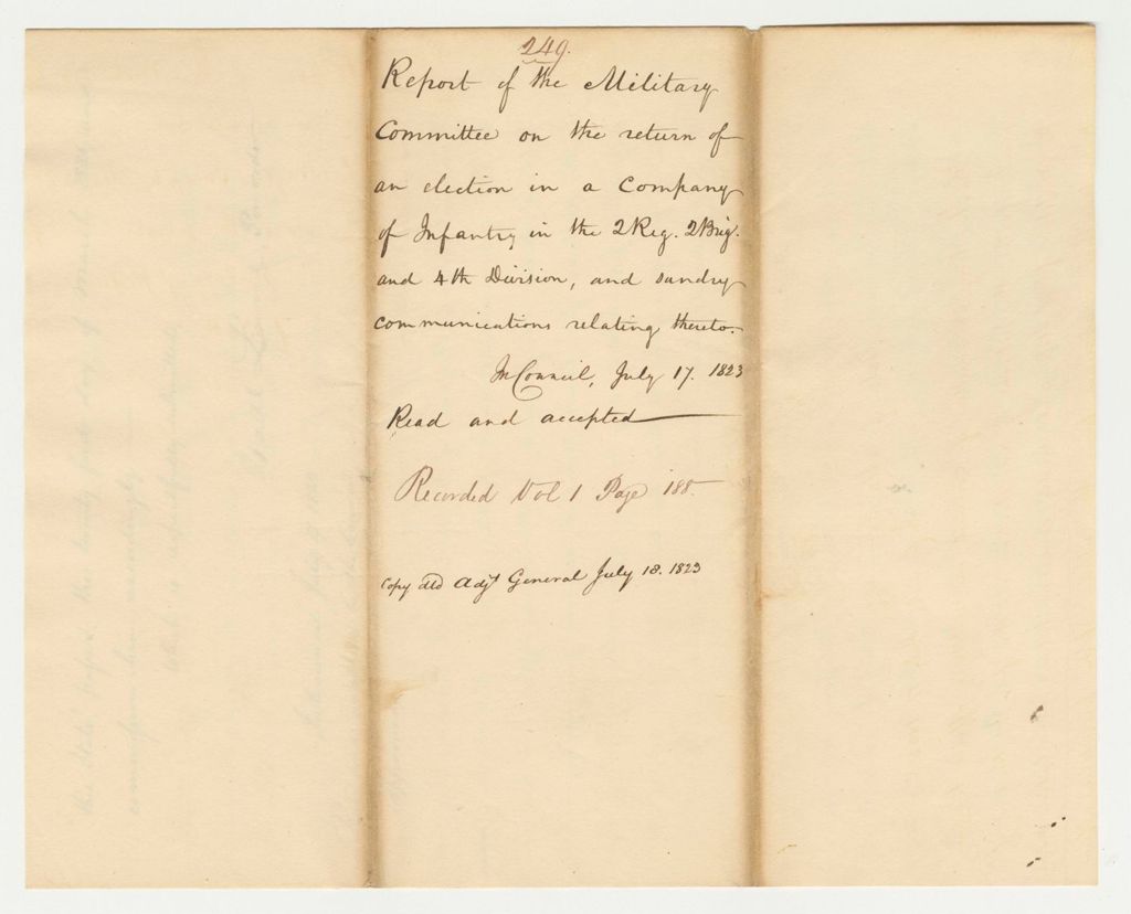 Miniature of Report 249: Report of the Military Committee on the Return of an Election in a Company on Infantry and Sundry Communications Relating Thereto