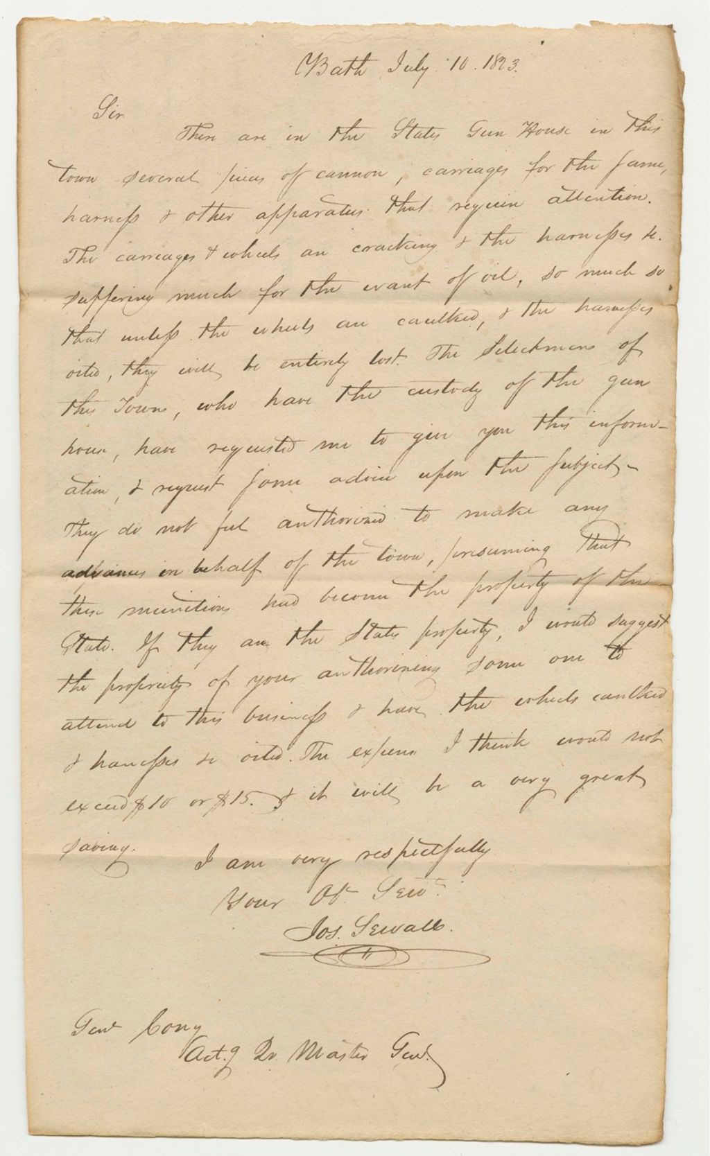 Miniature of Communication of Major Joseph Sewall Addressed to the Quarter Master General on the Subject of Sundry Pieces of Cannon, and Other Military Property in the Town of Bath
