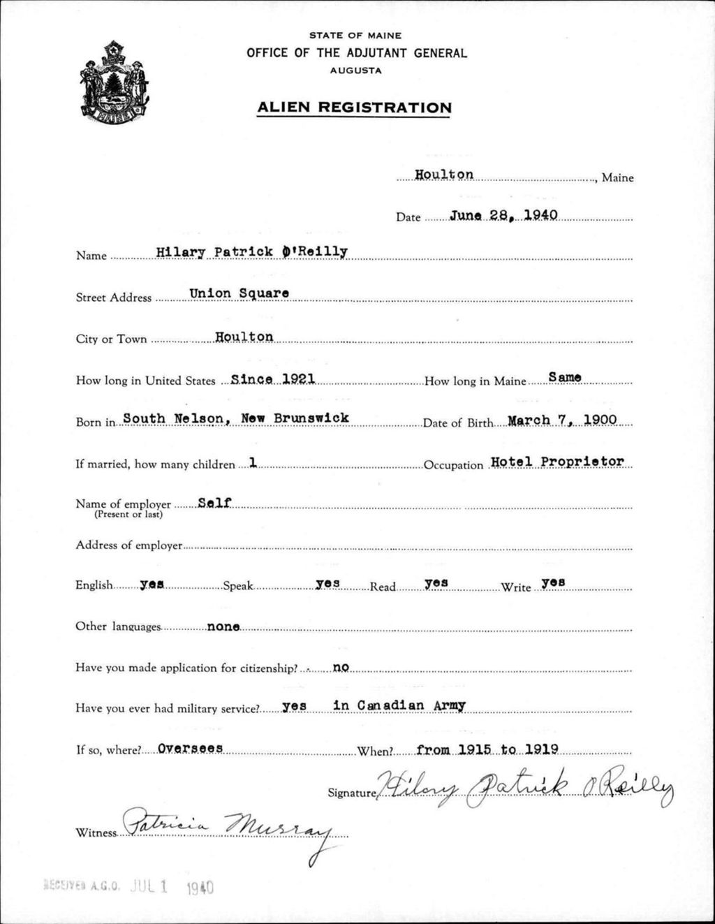 Miniature of Alien Registration- Oreilly, Hilary P. (Houlton, Aroostook County)
