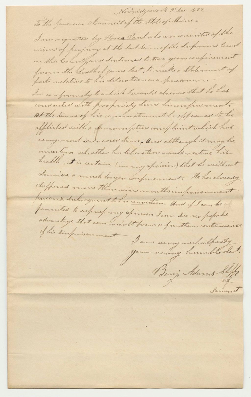 Miniature of Letter from Benjamin Adams, Sheriff of Somerset, Regarding the Situation of Hosea Paul as a Prisoner