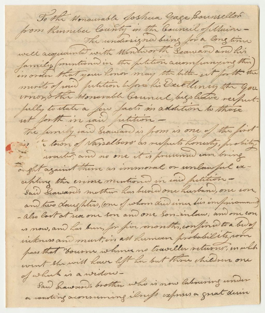 Miniature of Letter from John Roberts Regarding the Petition of Wentworth Seward