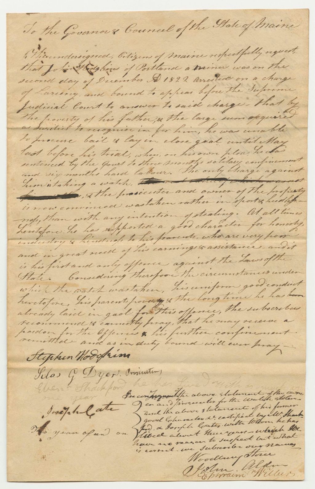 Miniature of Petition of Stephen Hodgkins and Others for the Pardon of John Hodgkins