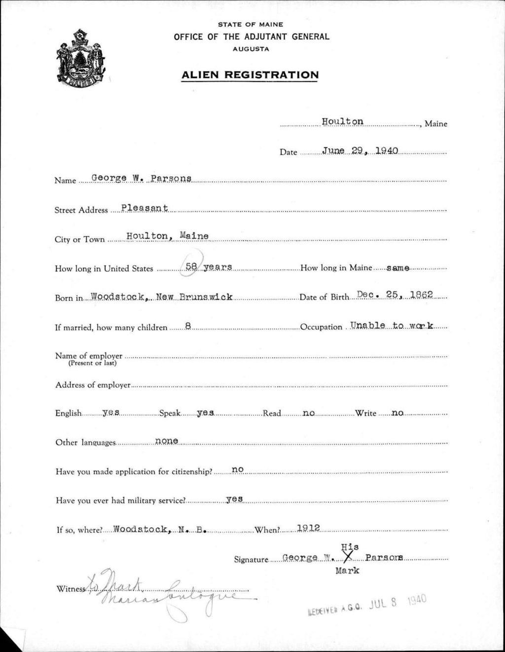Miniature of Alien Registration- Parsons, George W. (Houlton, Aroostook County)