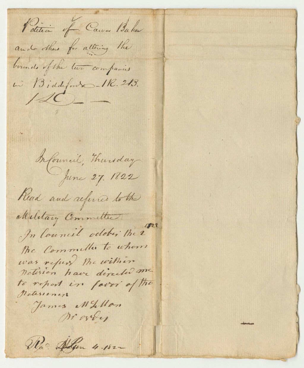 Miniature of Petition of Captain Baker and Others for Altering the Bounds of the Two Companies in Biddeford