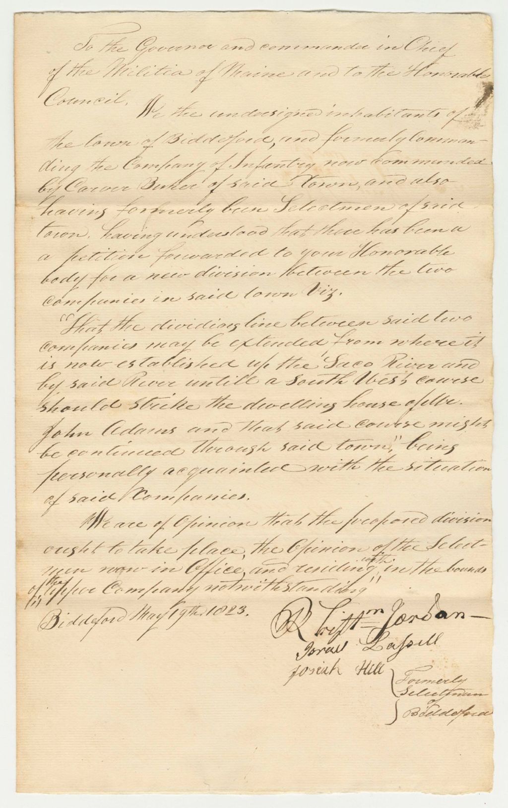 Miniature of Letter from the Inhabitants and Former Selectmen of Biddeford in Favor of the Proposed Alteration of the Divisions
