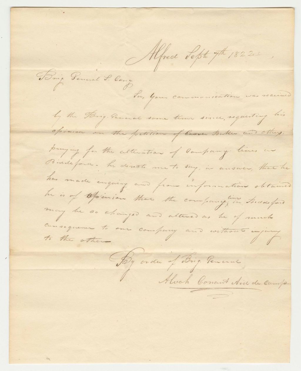 Miniature of Letter from Brig. Gen. Samuel Cony Approving of the Proposed Changes to the Division Lines in Biddeford