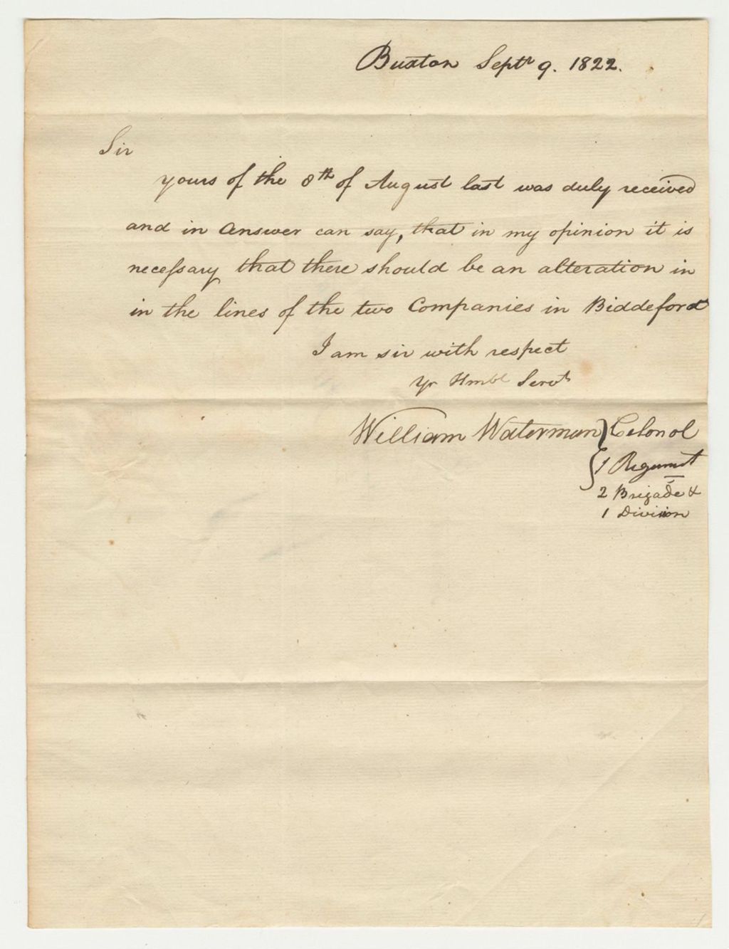 Miniature of Letter from Colonel William Waterman in Favor of the Alteration in the Lines of the Two Companies in Biddeford