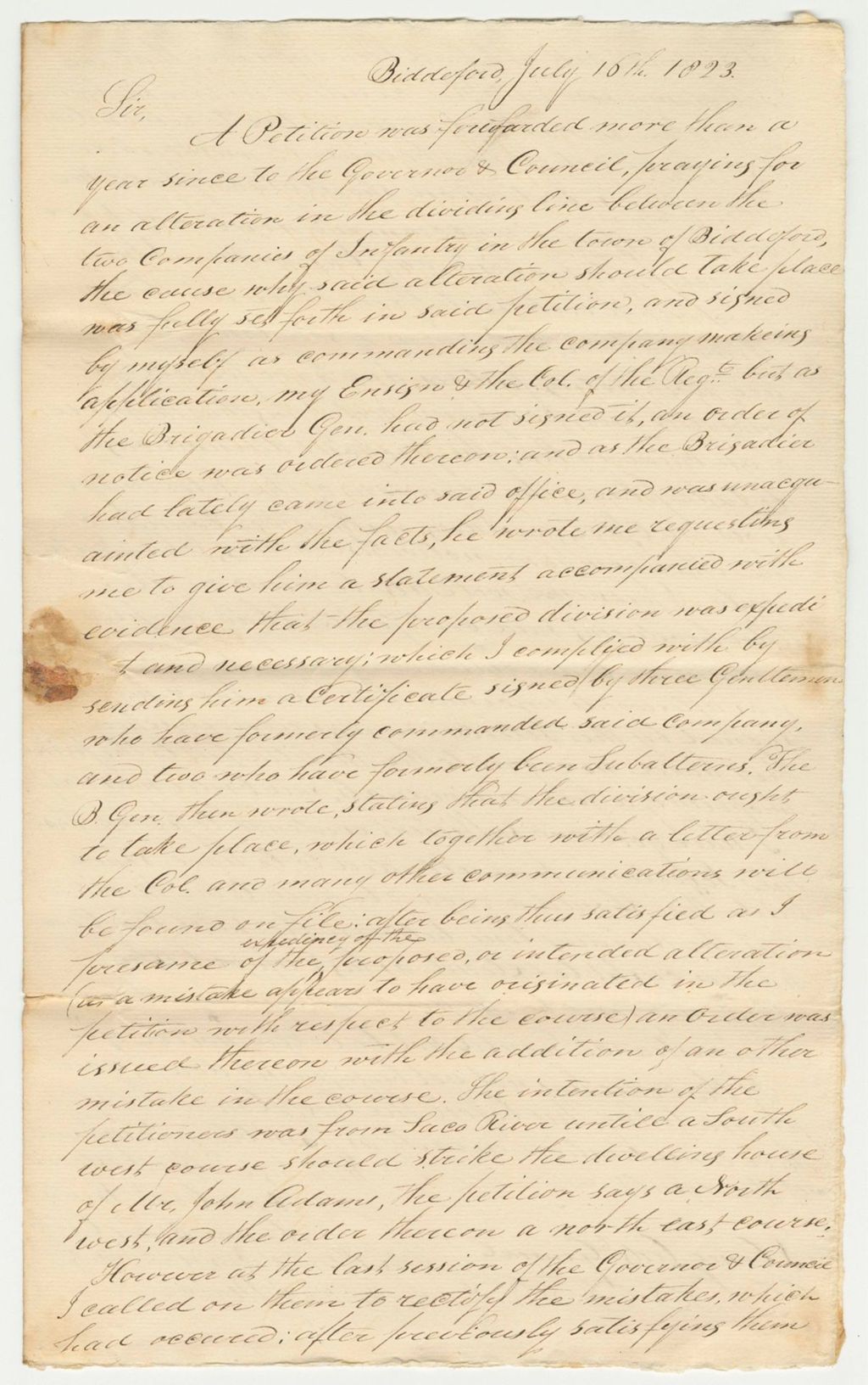 Miniature of Letter from Capt. Carver Buker Regarding His Petition to Alter the Dividing Lines of the Companies of Biddeford