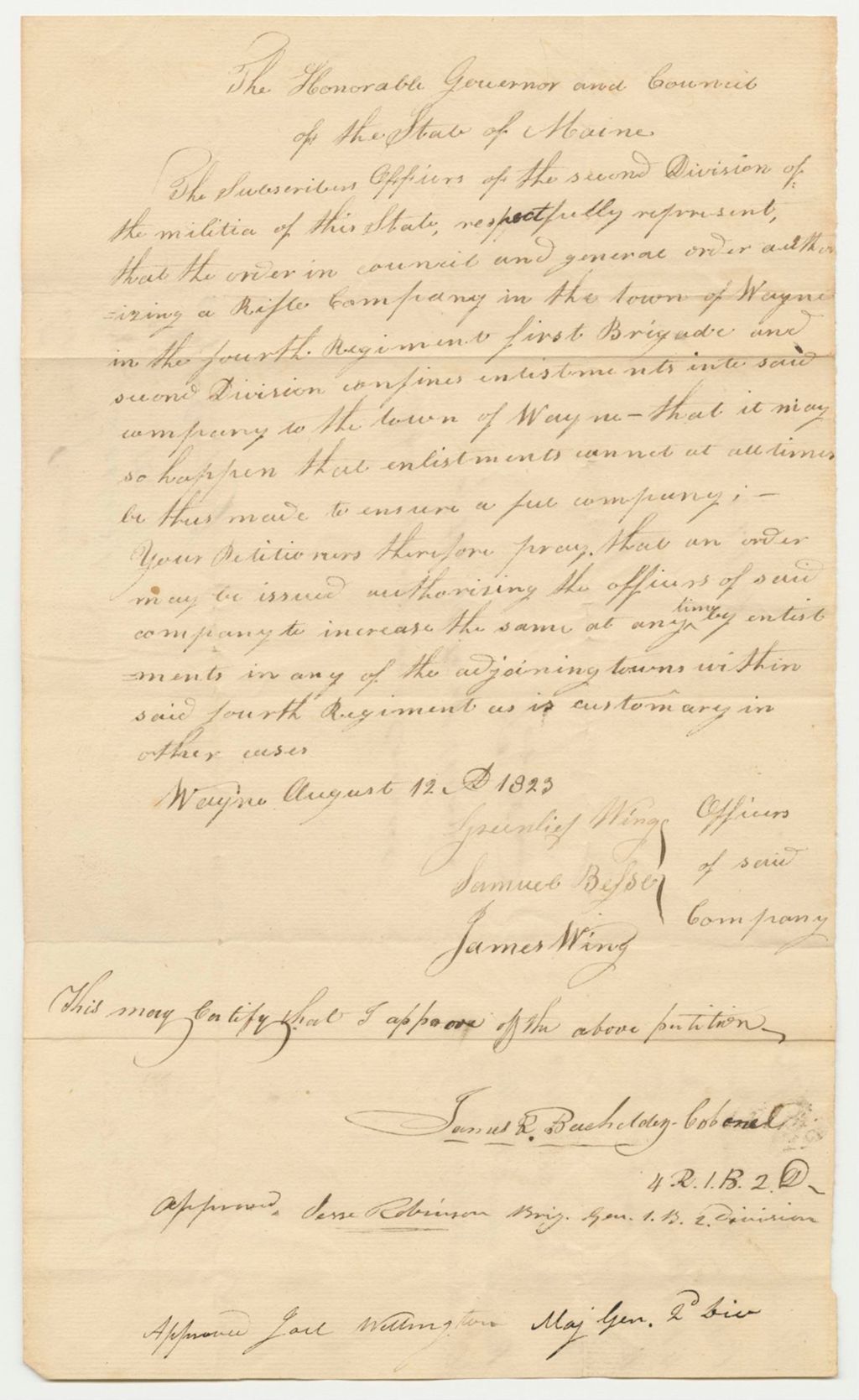 Miniature of Petition of the Officers of the Rifle Company in Wayne that the Company May Be Increased