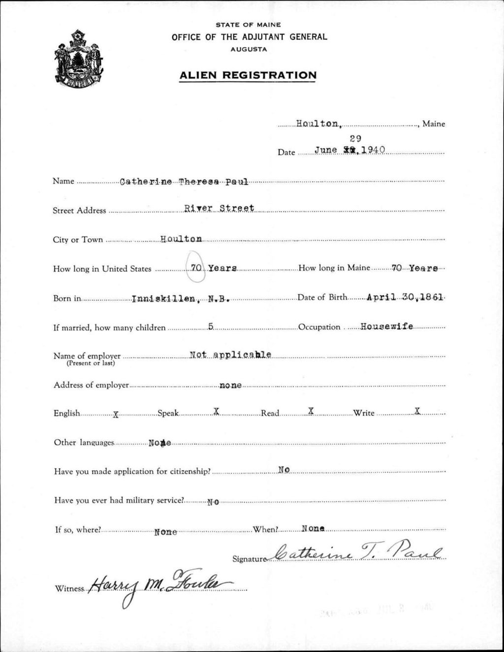 Miniature of Alien Registration- Paul, Catherine T. (Houlton, Aroostook County)