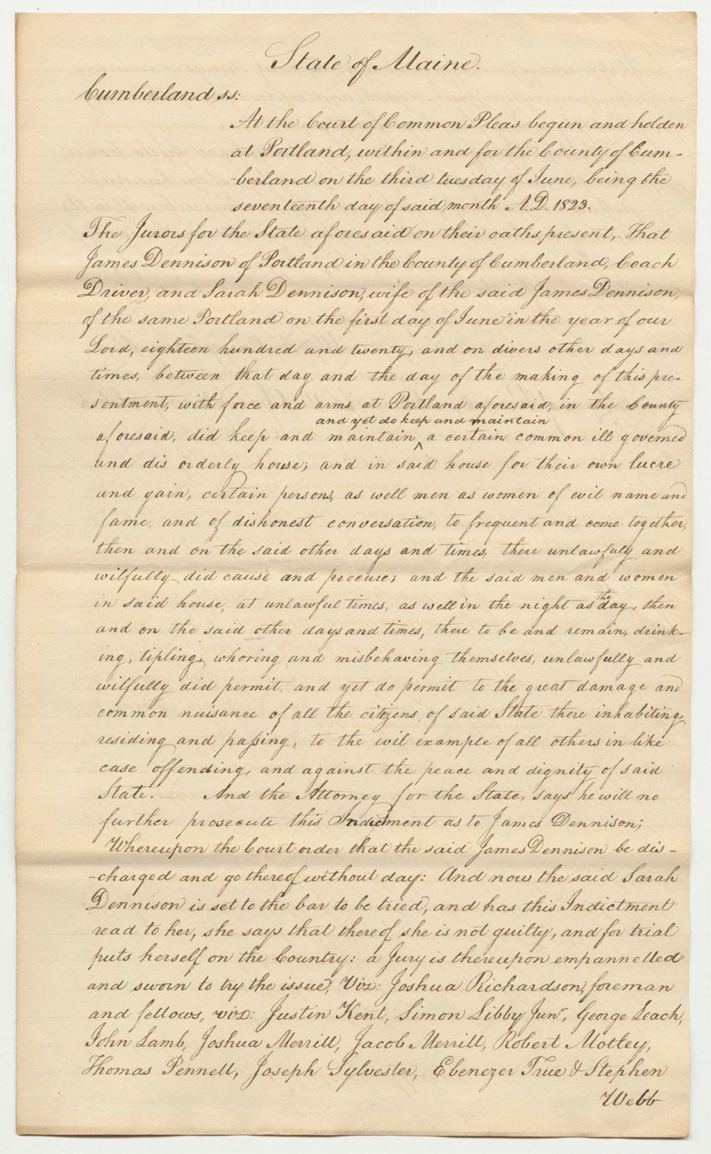 Miniature of Copies of Judgements in State of Maine vs. James Dennison and Sarah Dennison and in State of Maine vs. Sarah Dennison