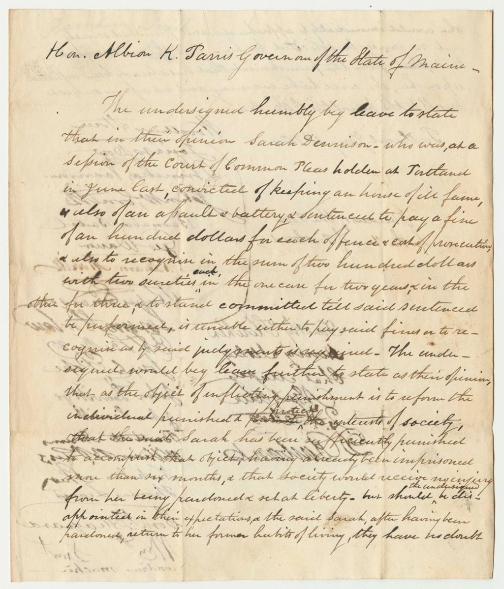 Miniature of Petition of the Overseers of the Poor for the Town of Portland for the Pardon of Sarah Dennison