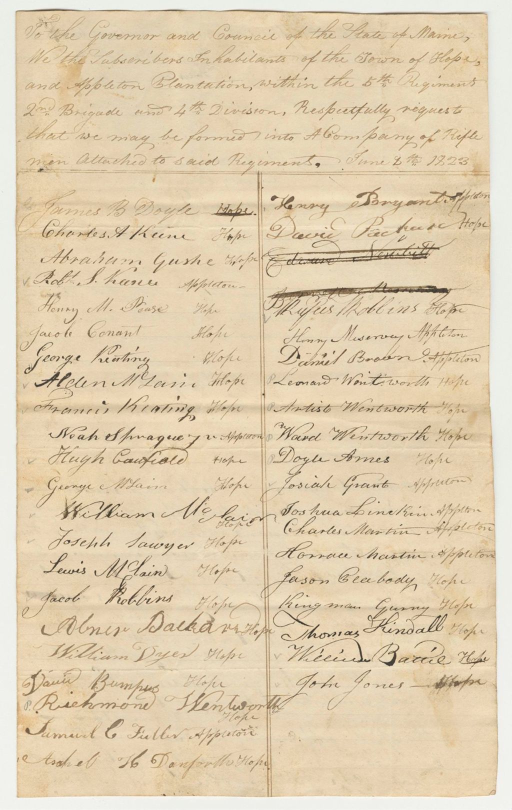 Miniature of Petition of Henry Byrant and Others for a Company of Riflemen in the Towns of Hope and Appleton