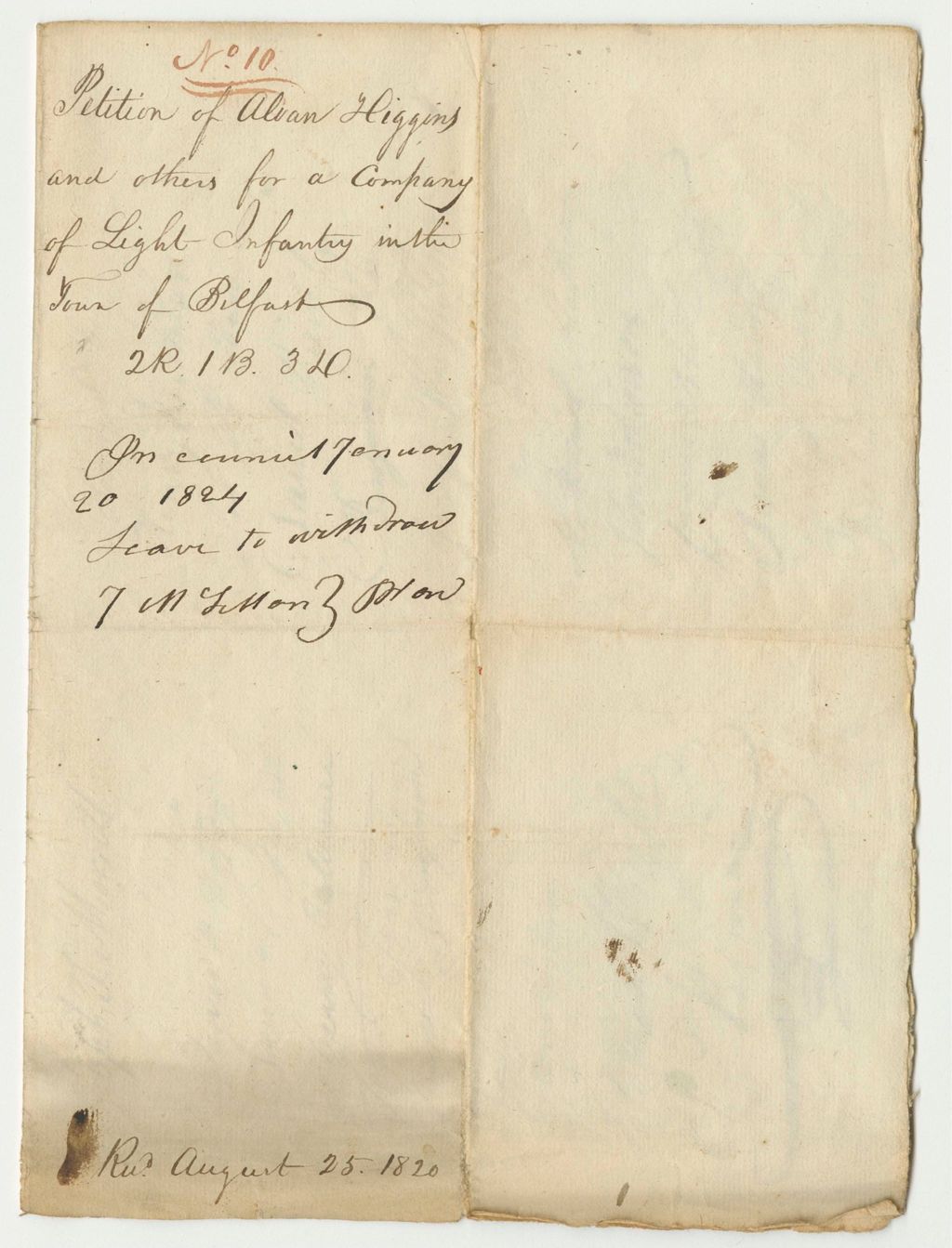 Miniature of Petition of Alvan Higgins and Others for a Company of Light Infantry in the Town of Belfast
