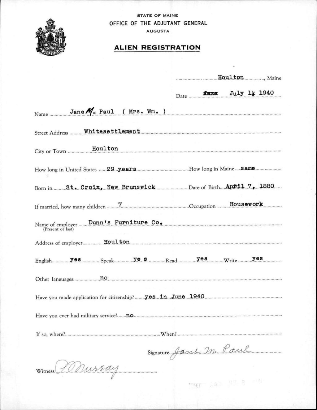 Miniature of Alien Registration- Paul, Jane M. (Houlton, Aroostook County)