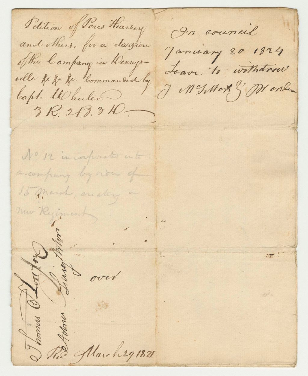 Miniature of Petition of Peres Hearsey and Others for a Division of the Company in Dennysville Commanded by Capt. Wheeler