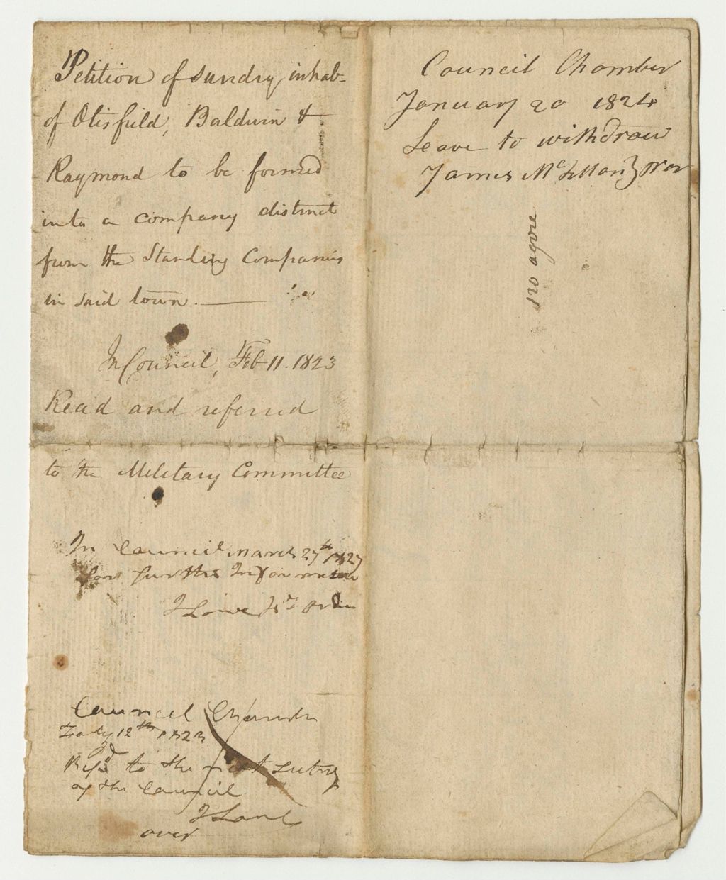 Miniature of Petition of Sundry Inhabitants of Otisfield, Baldwin, and Raymond to be Formed into a Company Distinct from the Standing Companies in Said Towns