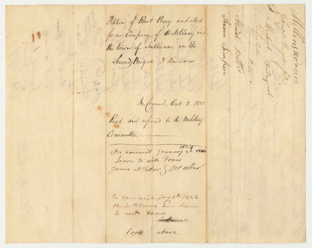 Miniature of Petition of Rust Perry and Others for a Company of Artillery in the Town of Sullivan