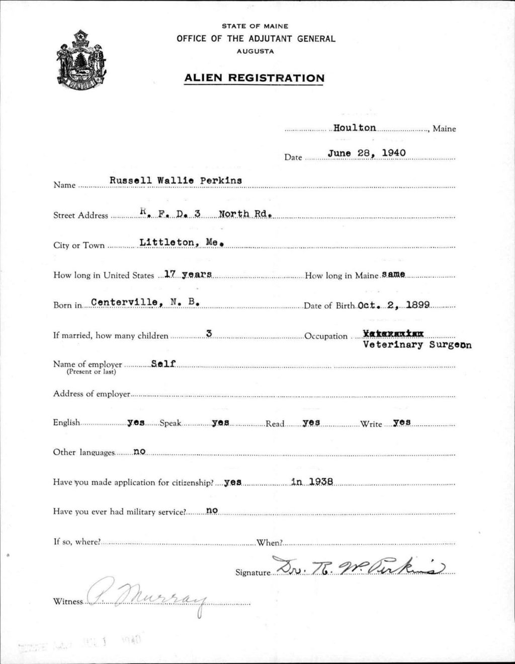 Miniature of Alien Registration- Perkins, Russell W. (Houlton, Aroostook County)
