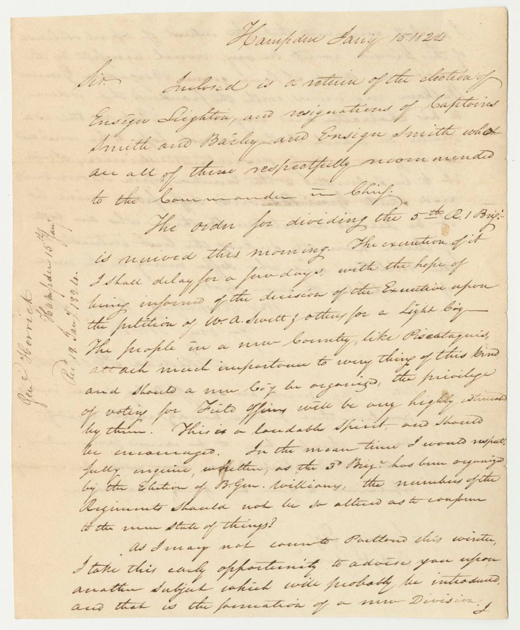 Miniature of Return of the Election of Ensign Leighton and Resignations of Captians Smith and Baily