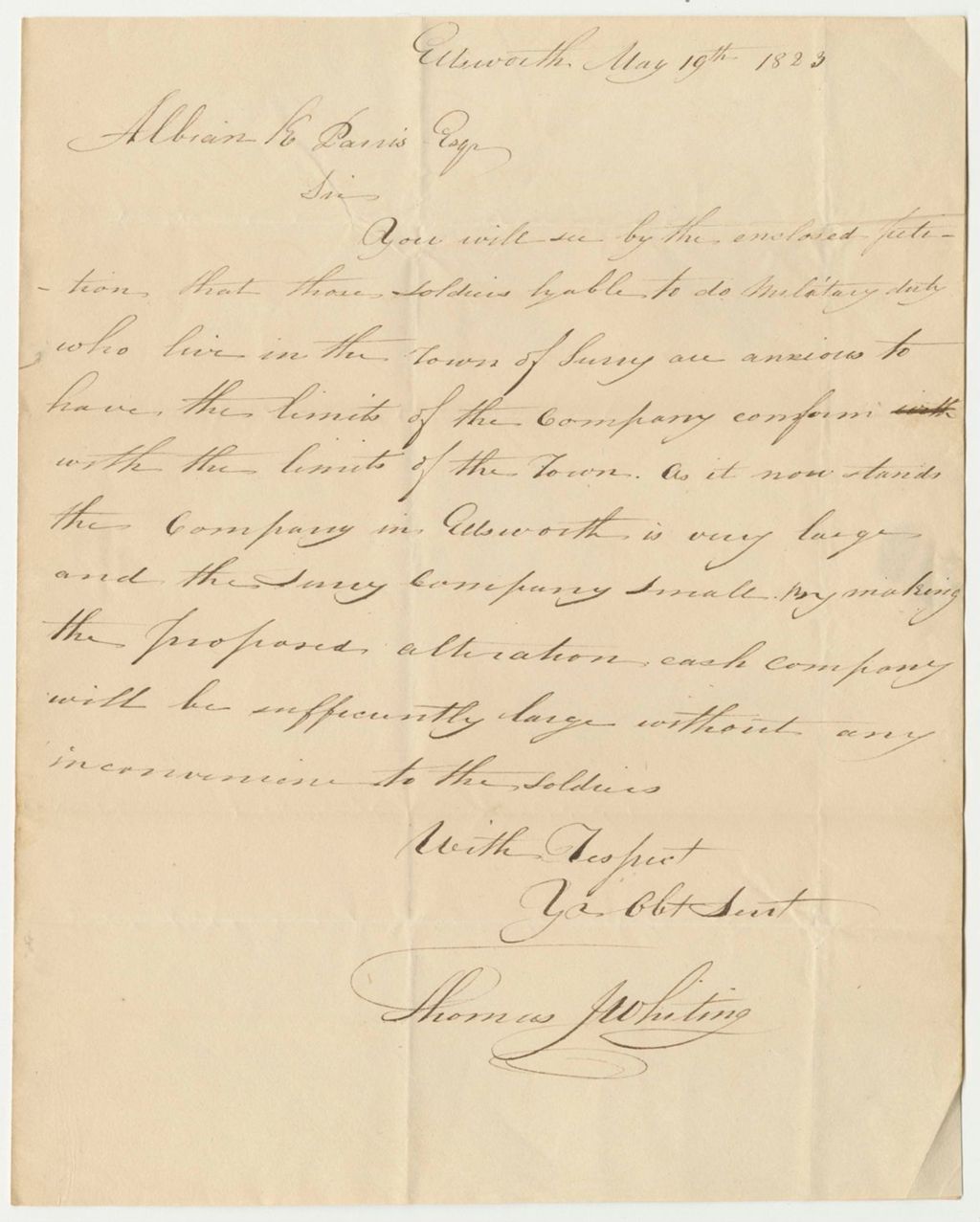 Miniature of Letter from Thomas J. Whiting in Favor of the Petition for the Alteration of the Companies in Surry