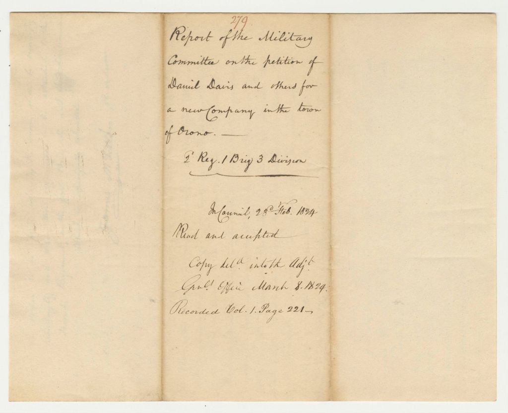 Miniature of Report 279: Report of the Military Committee on the Petition of Daniel Davis and Others for a New Company in the Town of Orono