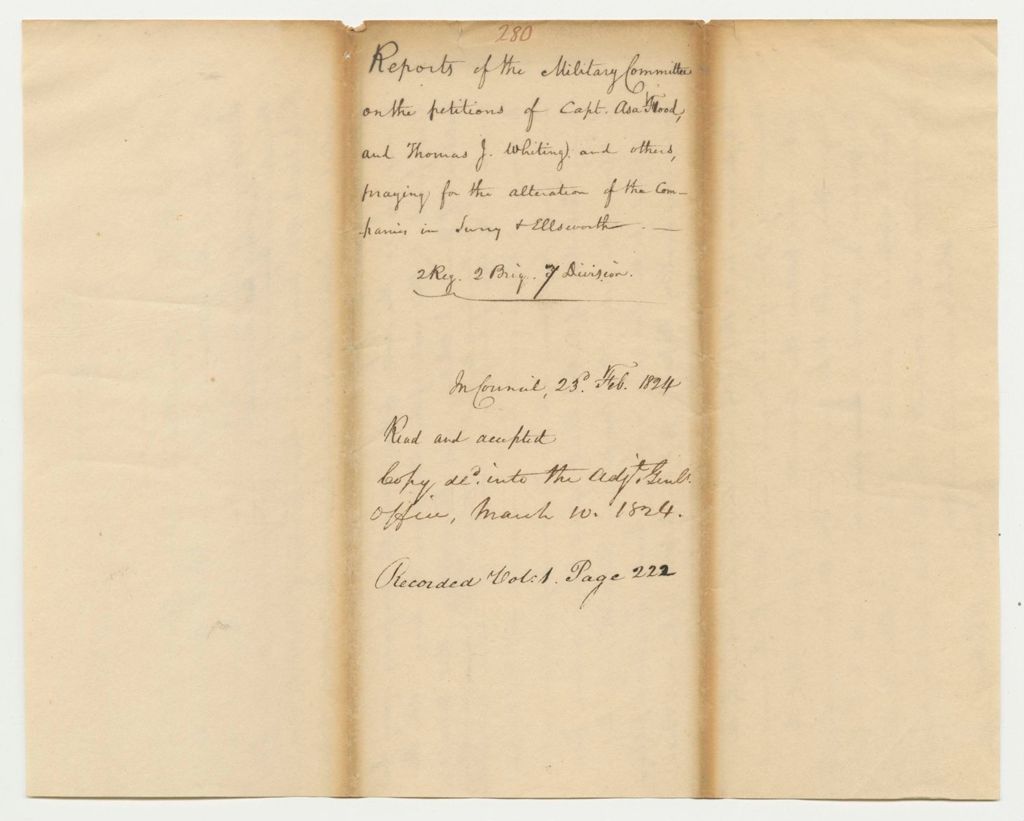 Miniature of Report 280: Reports of the Military Committee on the Petitions of Capt. Asa Flood and Thomas J. Whiting and Others Praying for the Alteration of the Companies in Surry and Ellsworth