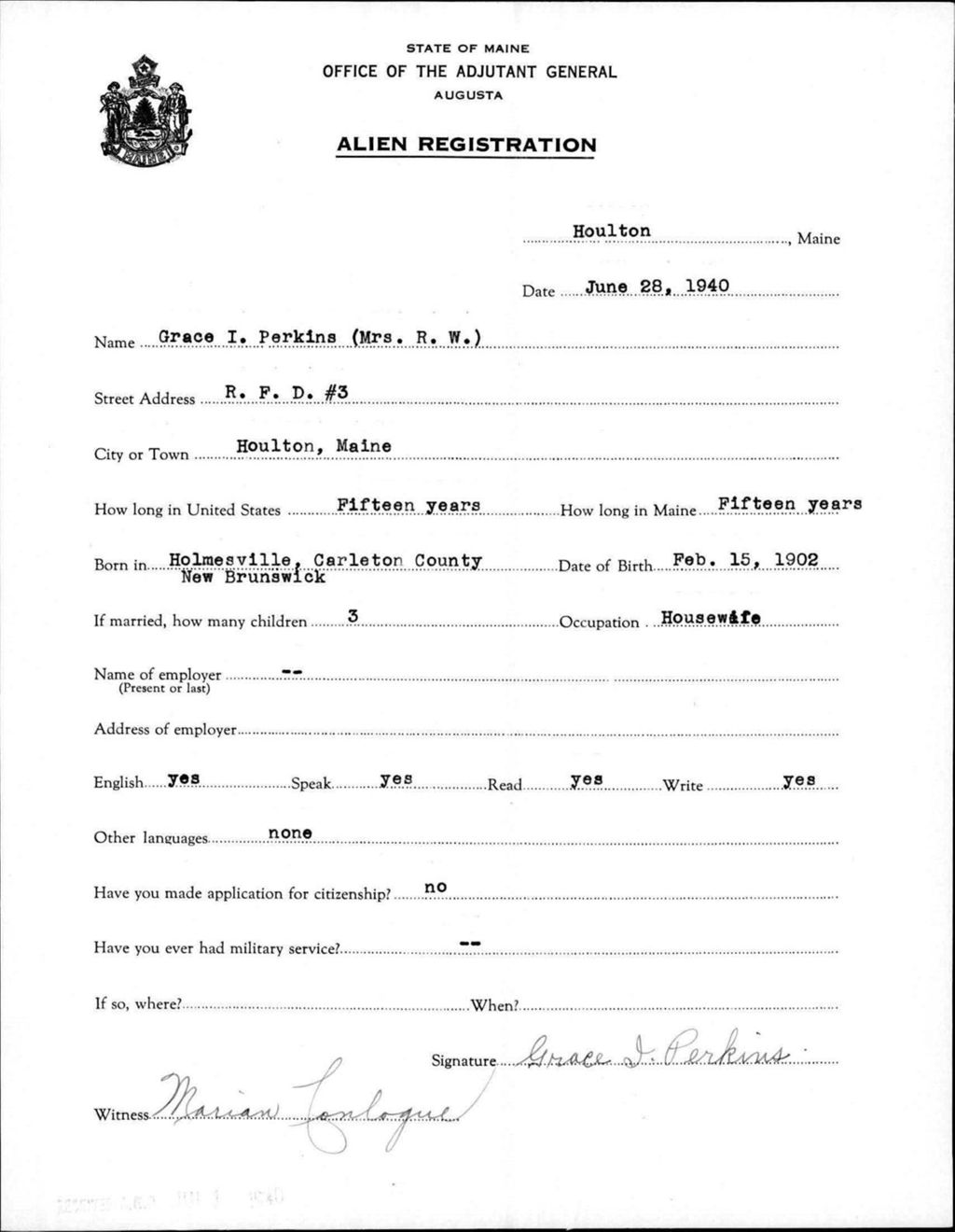 Miniature of Alien Registration- Perkins, Grace I. (Houlton, Aroostook County)