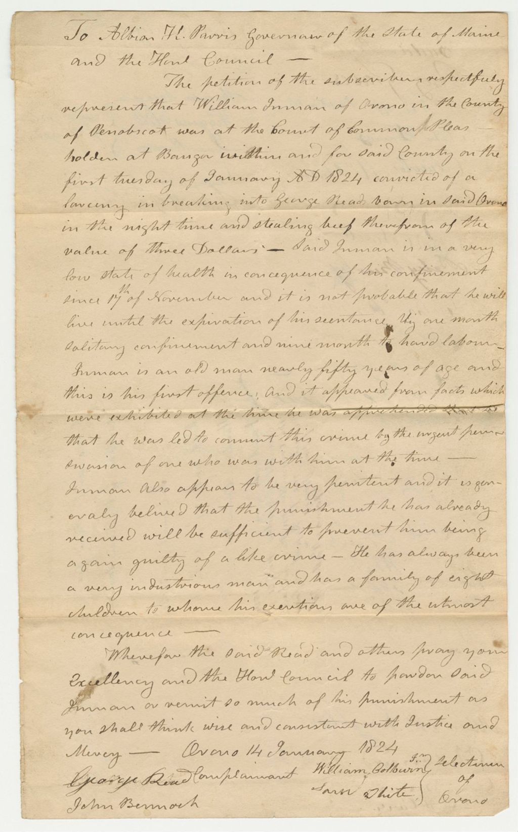 Miniature of Petition of Selectmen of Orono and Others for the Pardon of William Inman