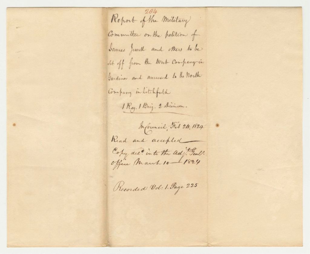 Miniature of Report 284: Report of the Military Committee on the Petition of James Jewall and Others to be Set Off From the West Company in Gardiner and Annexed to the North Company in Litchfield