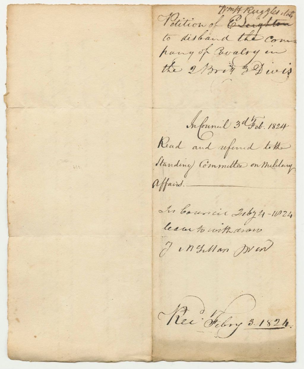 Miniature of Petition of William Ruggles and Others to Disband the Company of Cavalry