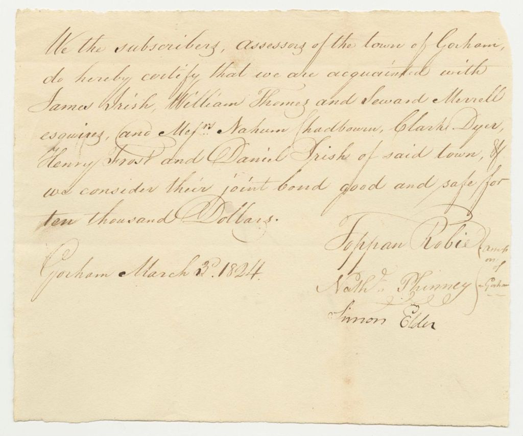 Miniature of Certification of the Assessors of Gorham of the Bond of James Irish and Samuel Call