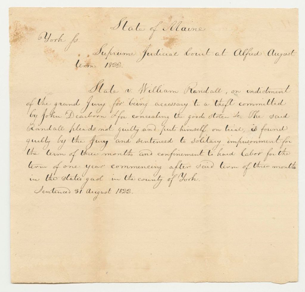 Miniature of Indictment for State of Maine vs. William Randall