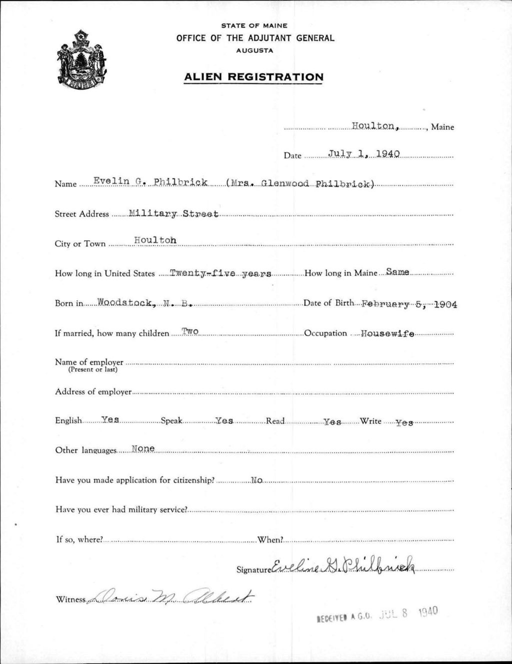 Miniature of Alien Registration- Philbrick, Evelin G. (Houlton, Aroostook County)