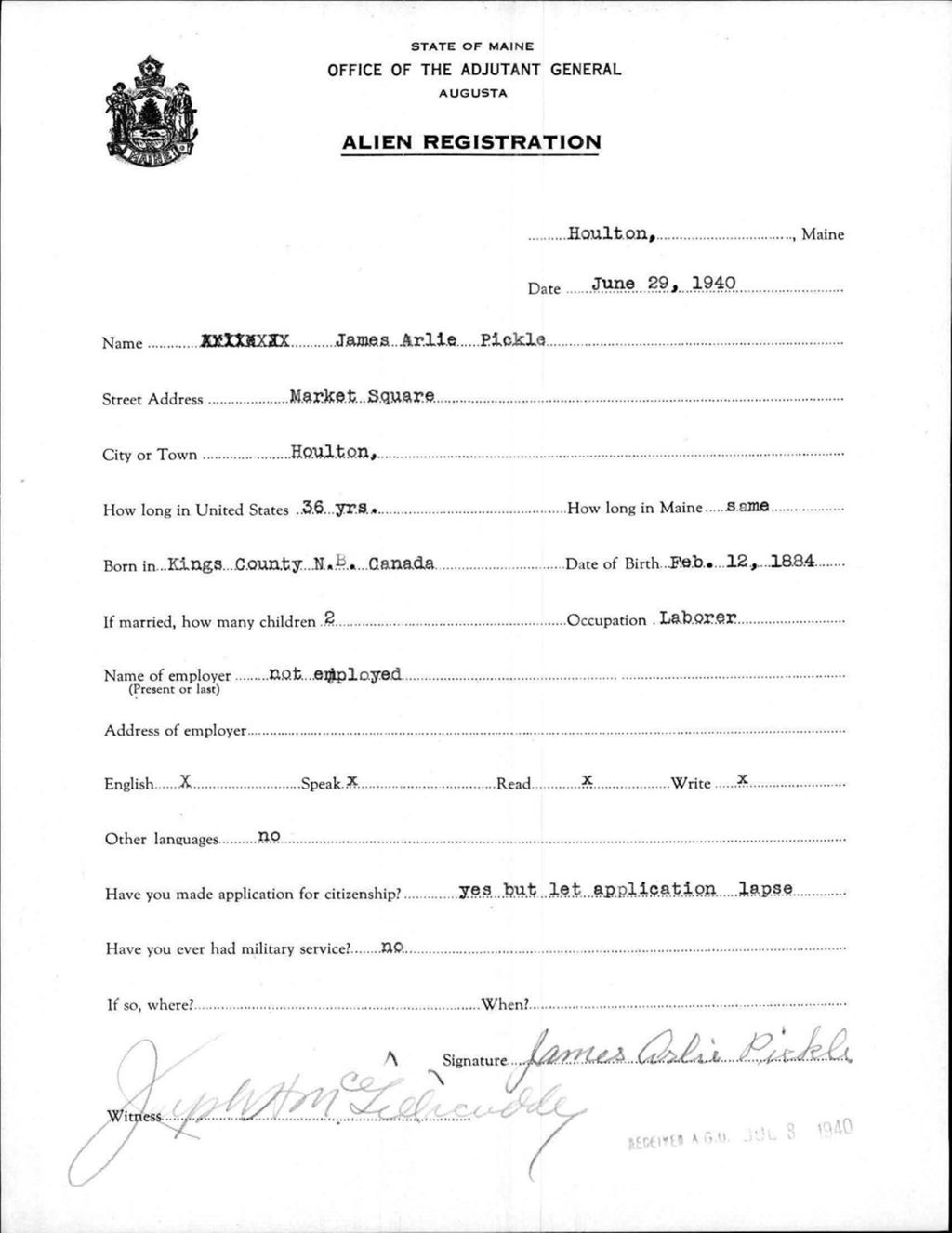 Miniature of Alien Registration- Pickle, James A. (Houlton, Aroostook County)