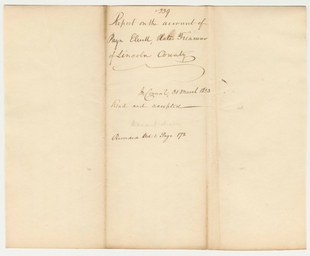 Miniature of Report 239: Report on the Account of Payn Elwell , Late Treasurer of Lincoln County
