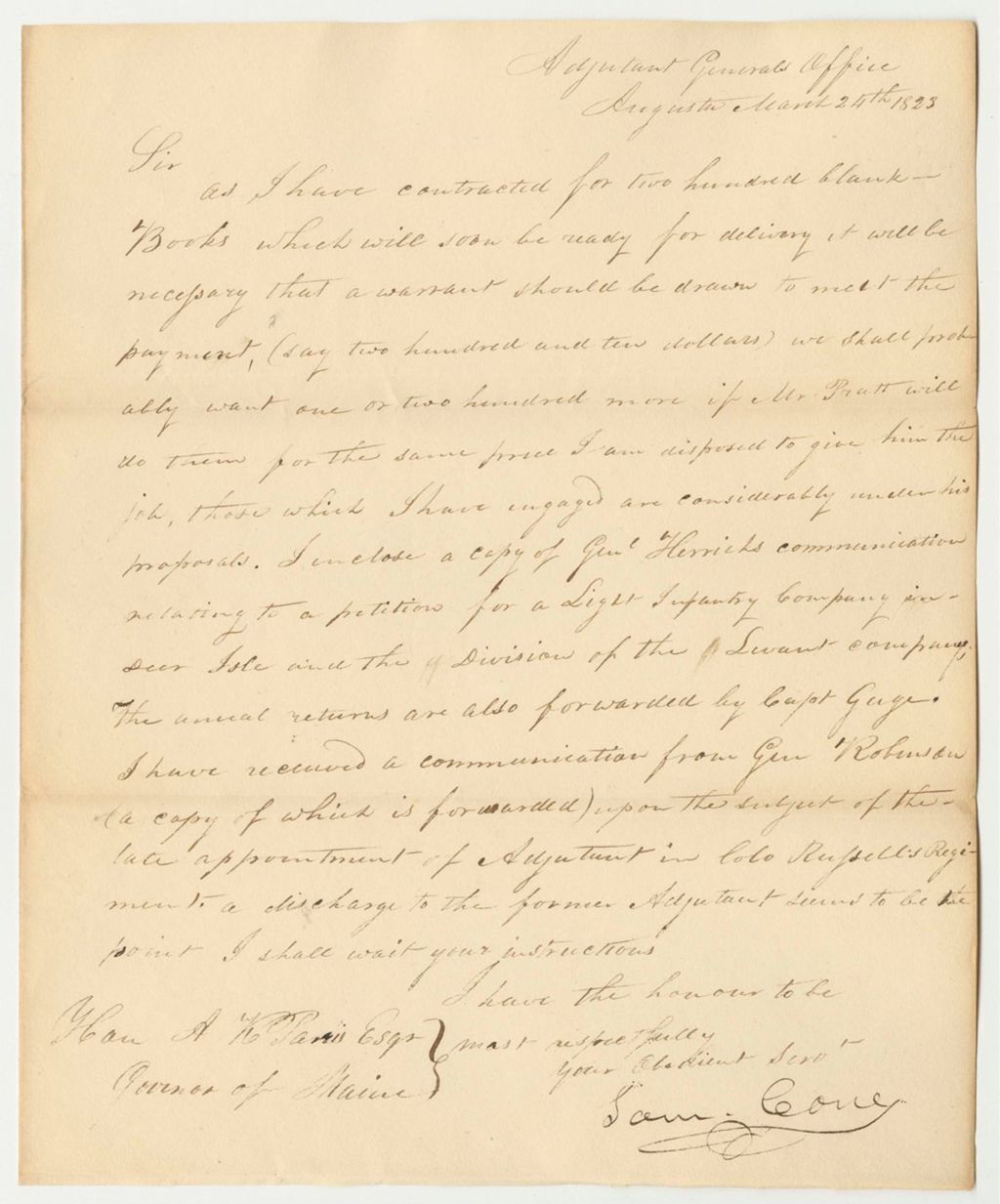 Miniature of Letter from Gov. Sam Cony Requesting a Warrant Be Drawn for Blank Books
