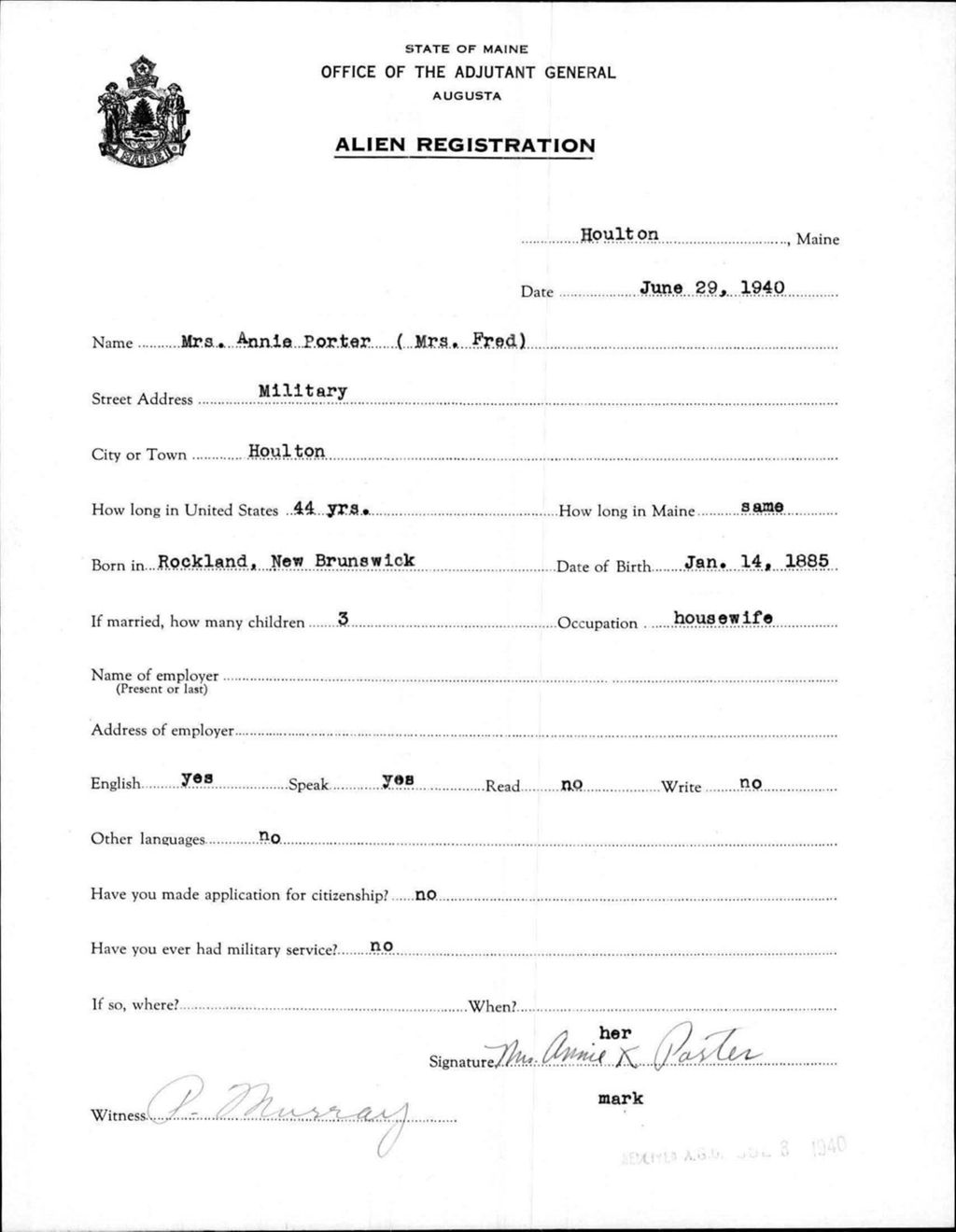Miniature of Alien Registration- Porter, Annie (Houlton, Aroostook County)