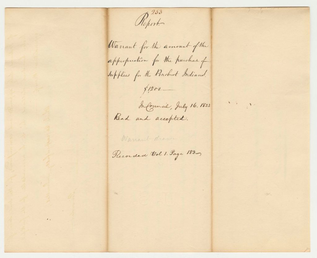 Miniature of Report 253: Report on the Warrant for the Amount of the Appropriation for the Purchase of Supplies for the Penobscot Indians