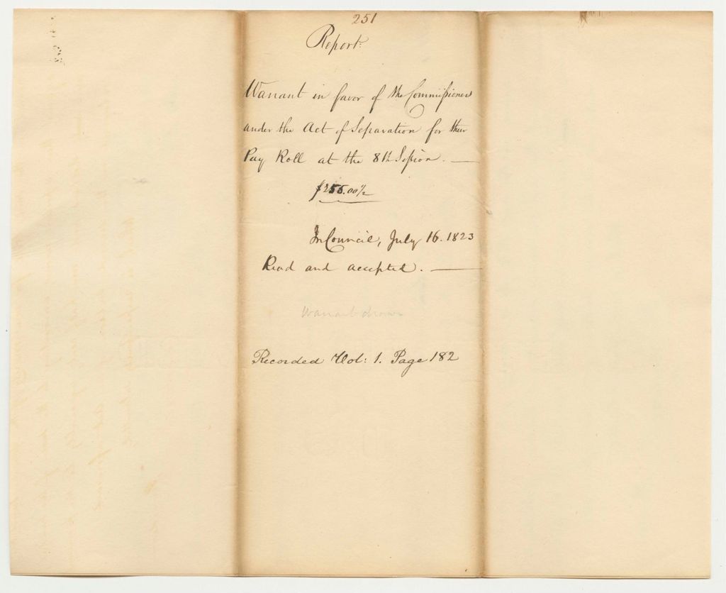 Miniature of Report 251: Report on the Warrant in Favor of the Commissioners Under the Act of Separation for the Payroll at the Eighth Session