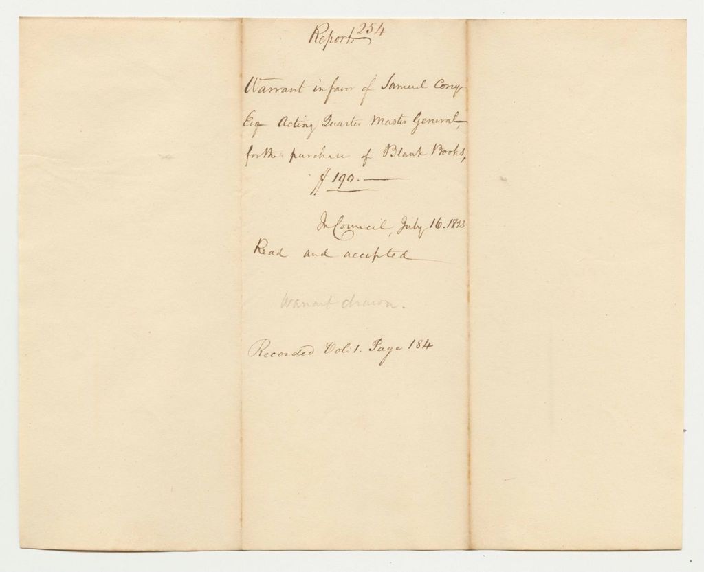 Miniature of Report 254: Report on the Warrant in Favor of Samuel Cony, Esq., Acting Quartermaster General for the Purchase of Blank Books