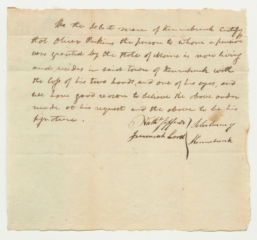 Miniature of Selectmen of Kennebunk Certification of the Pension of Oliver Perkins