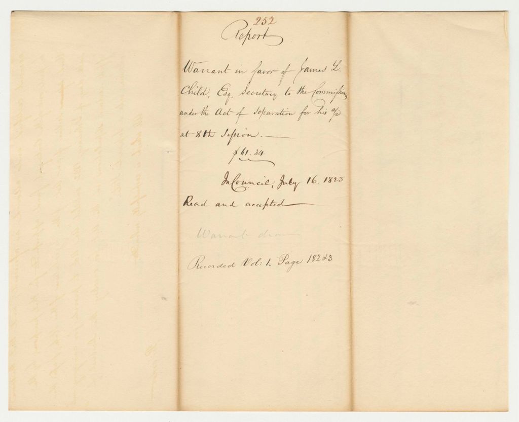 Miniature of Report 252: Report on the Warrant in Favor of James L. Child, Esq., Secretary to the Commissioners Under the Act of Separation for His Account at the Eighth Session