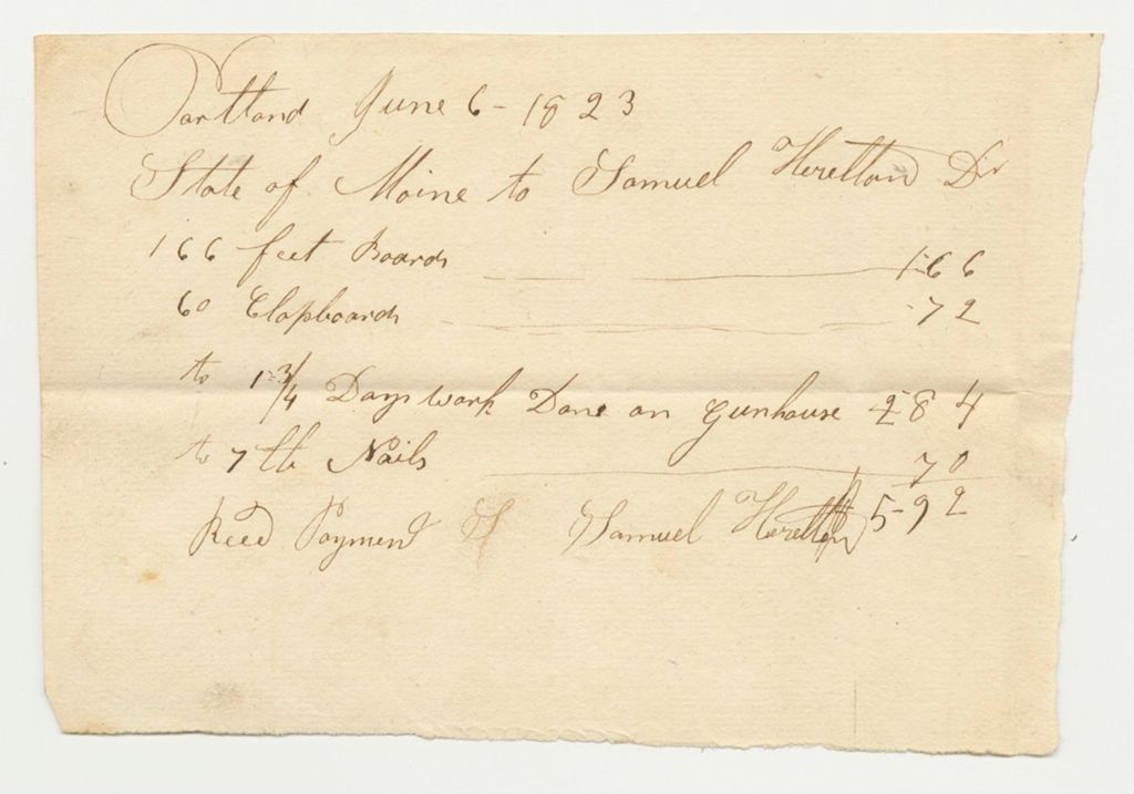 Miniature of Receipt for Damuel Heretton for Materials and Labor at Gunhouse