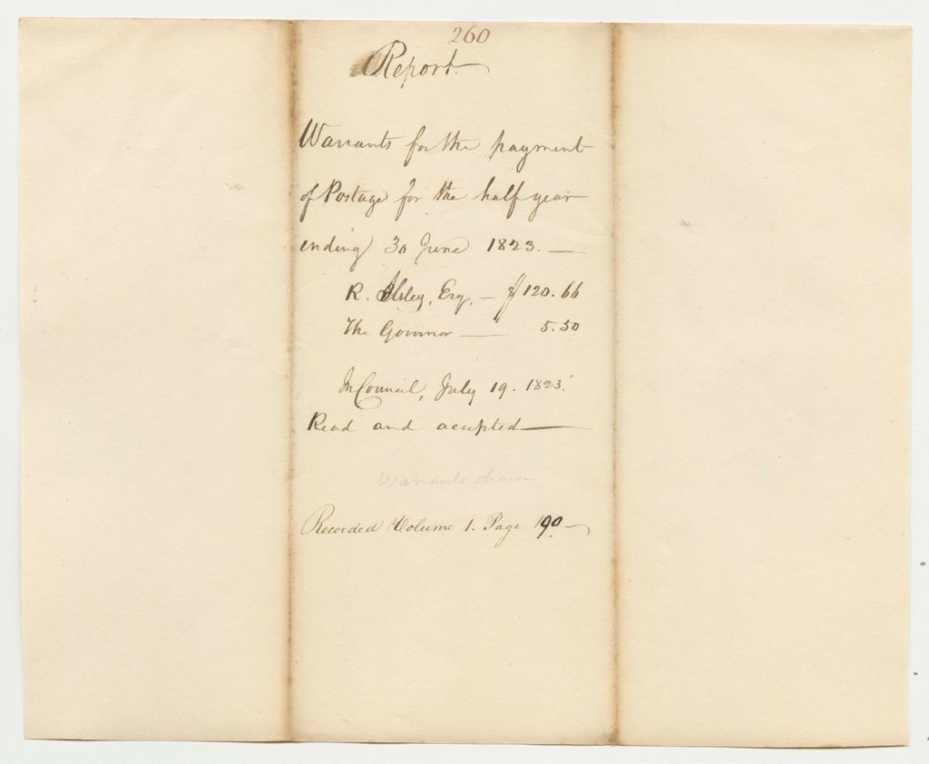 Miniature of Report 260: Report on the Warrants for the Payment of Postage for the Half Year Ending in 30 June 1823
