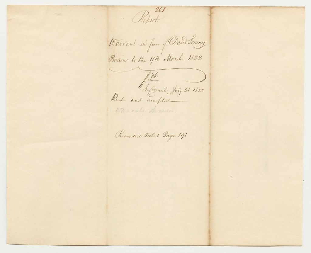 Miniature of Report 261: Report on the Warrant in Favor of David Seavey for Pension