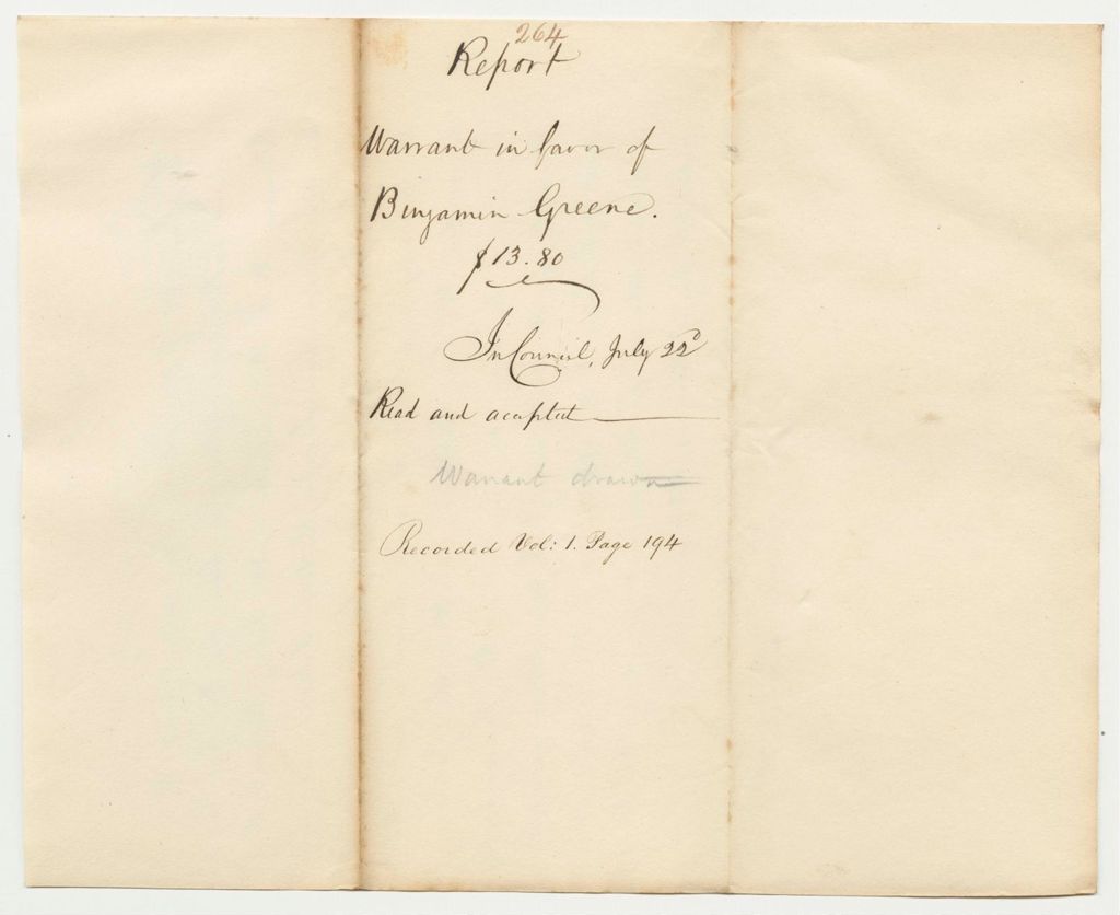 Miniature of Report 264: Report on the Warrant in Favor of Benjamin Greene for Work Done on the Portland Gunhouse